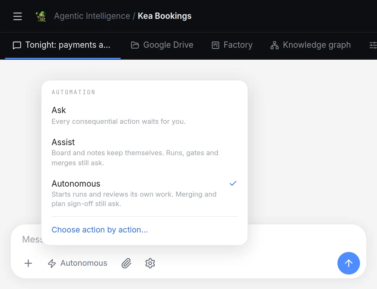 The automation menu above the chat composer: Ask, Assist and Autonomous, with Autonomous selected