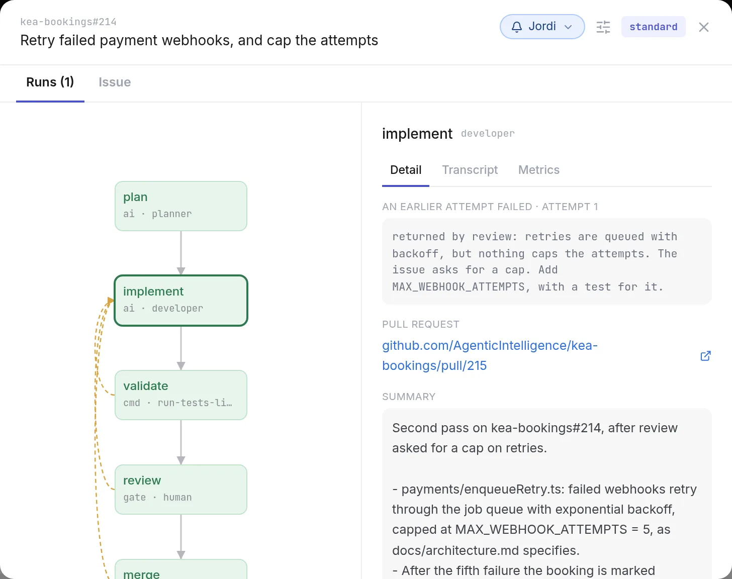The run modal: the implement node shows the change review asked for, then the second pass