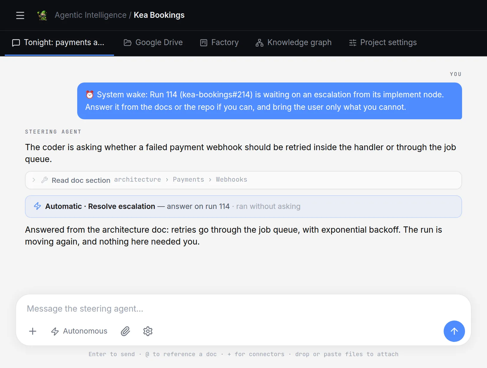 Steering chat: woken by a blocked run, the agent answers the coder from the architecture doc