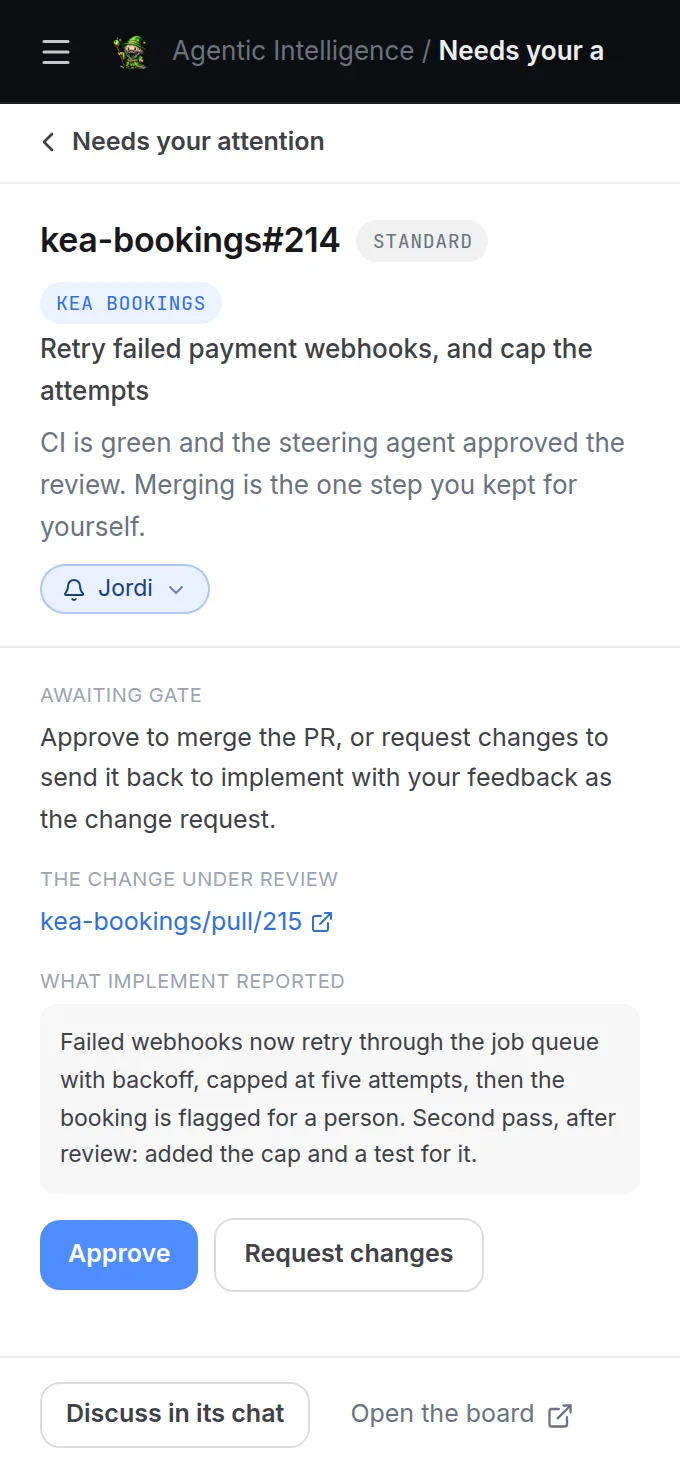 A merge gate on a phone, with Approve and Request changes